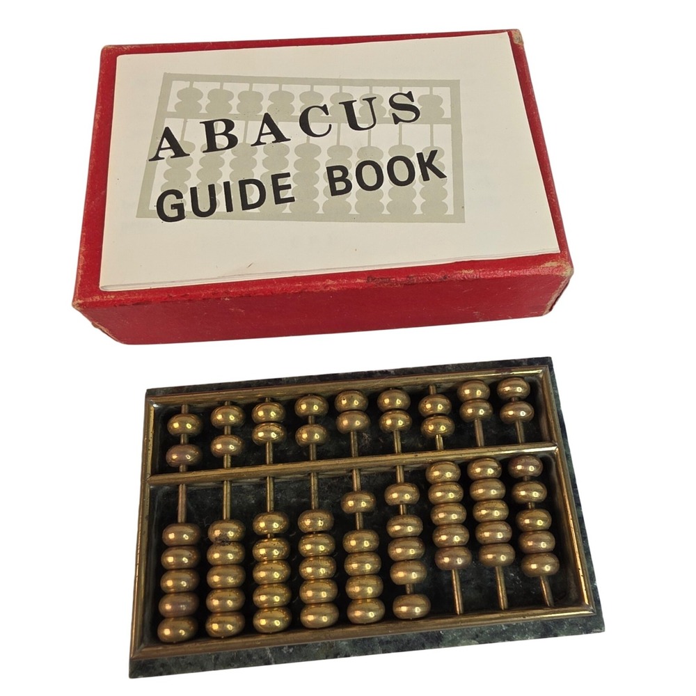 VTG Brass Miniature Abacus on Green Marble Base w/ Manual Calculate. Paperweight
